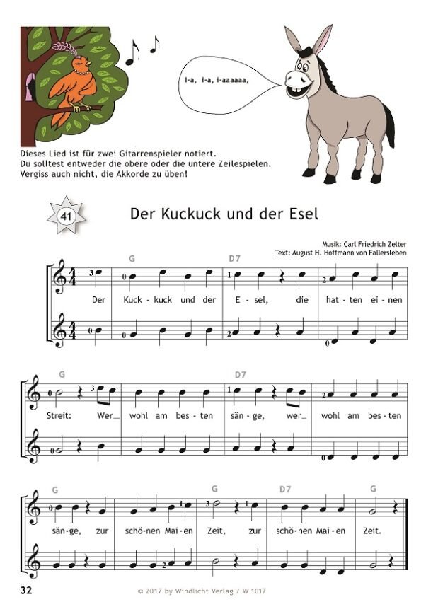 Gitarre Notten zum freien Download: Der Kuckuck und der Esel