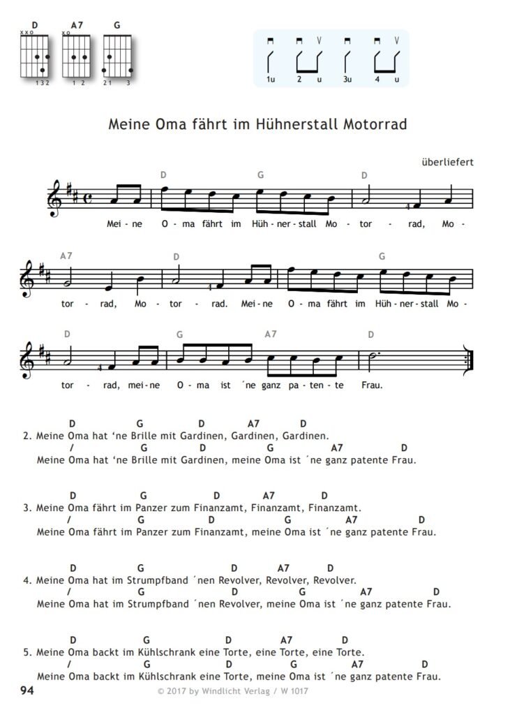 Lied im PDF Forman zum kostenlosen Download für Gitarre: Meine Oma fährt im Hühnerstall Motorrad